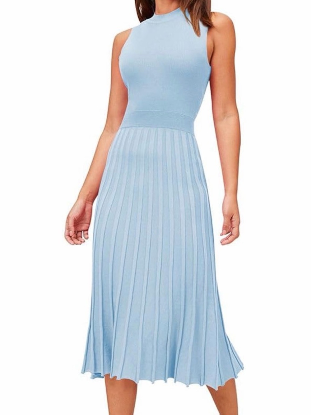 Sleeveless High Neck Light Blue Pleated Midi Dress sz small